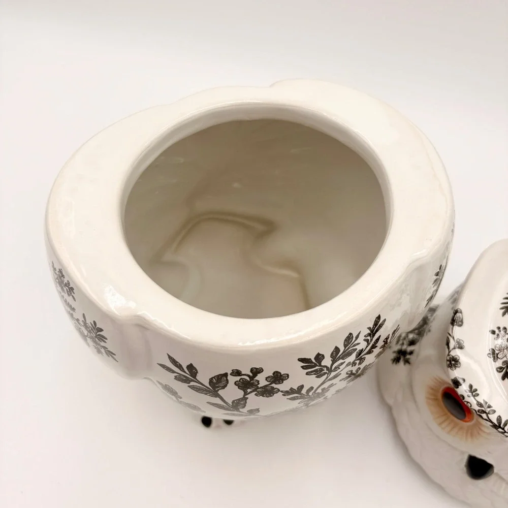 Spooky Street Owl Cookie Jar White Black Floral Toile Ceramic 78oz Halloween New